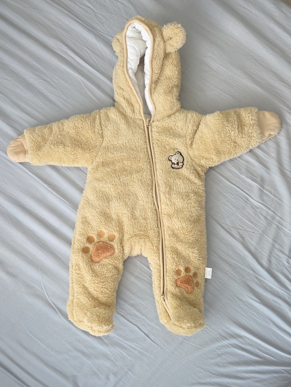 Plush Bear Hooded Baby Fleece Snowsuit Winter Overalls 6 to 9 Months